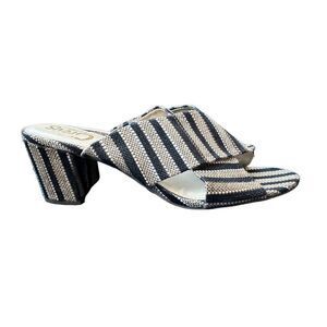 Sam Edelman Black and Tan Rattan Weave Slide Sandals